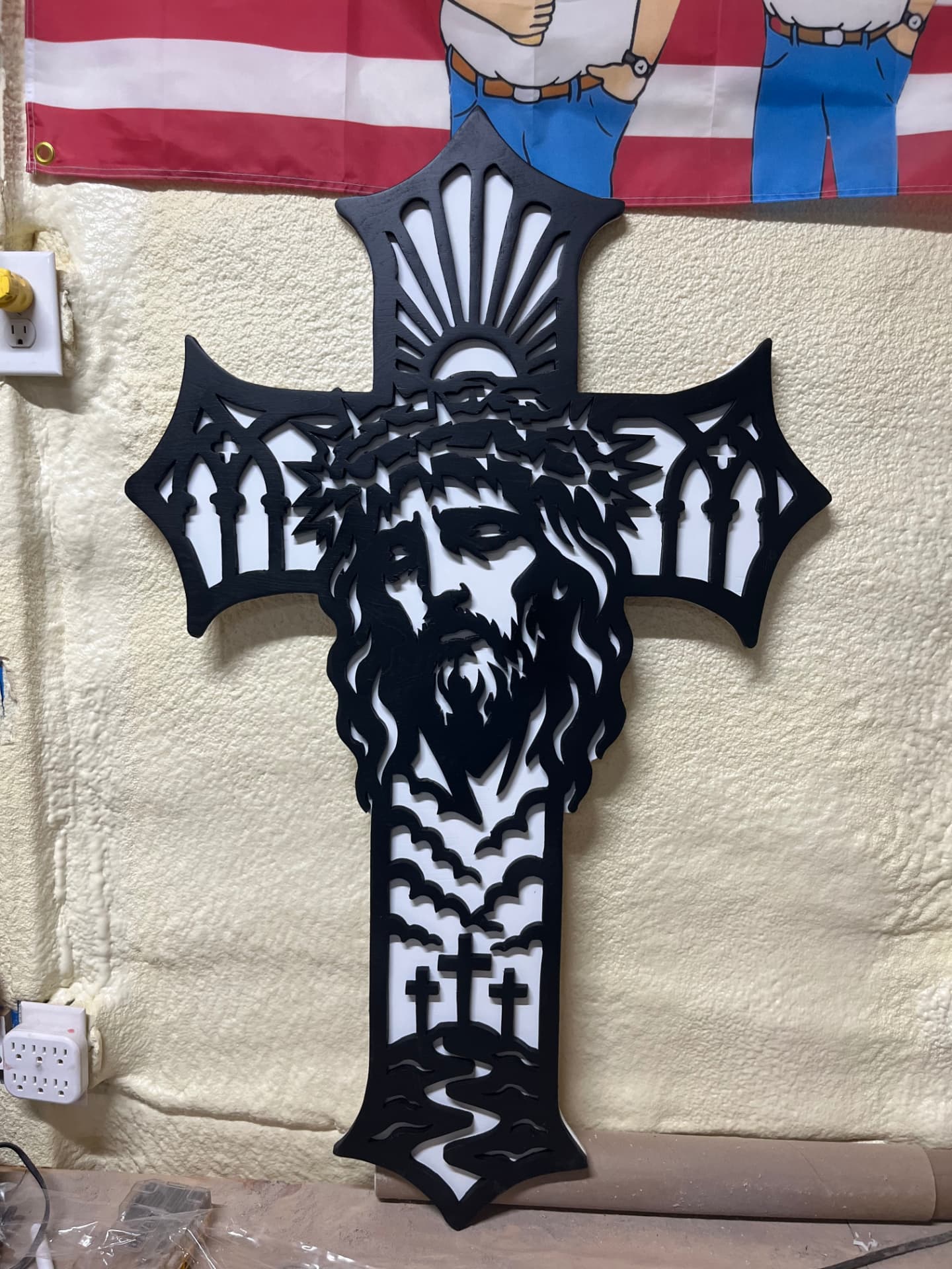 Hand-cut gothic arch wooden cross with cathedral window cutouts