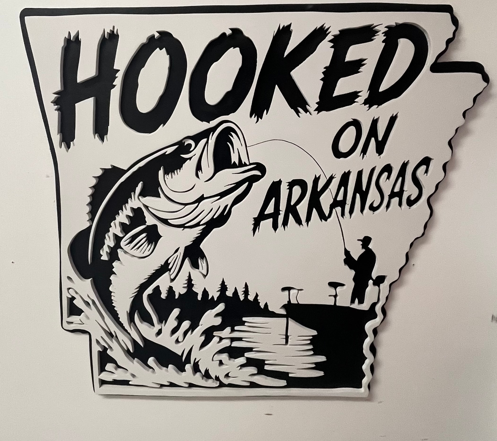 Hand-cut 'Hooked on Arkansas' wooden fishing sign made by Martin's Woodwork